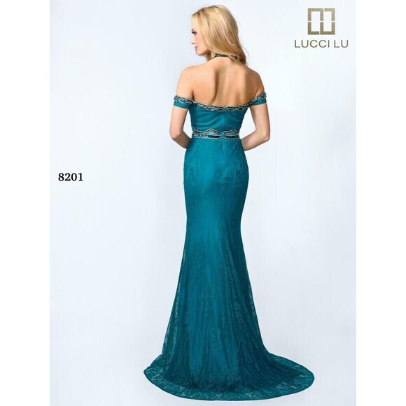Lucci Lu Lace Cold Shoulder Grad Prom Dress 8201 Teal - Picture 2 of 6